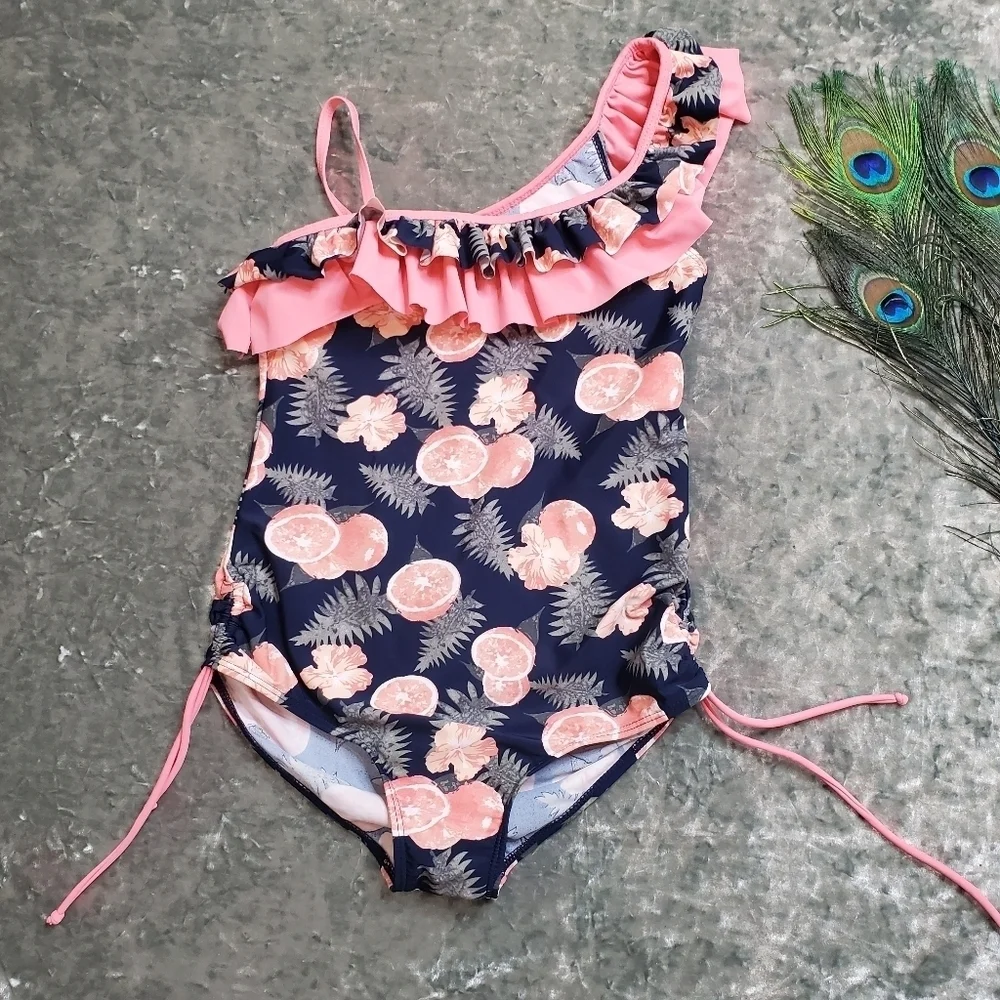 Kalawalk Girls Lemon Double Ruffle‎ One Shoulder Swimsuit
